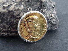 Greek Coin Pendant Gold Frame Bezel, Julia Domna Coin, Medallion Charm, Ancient Greek Coin, Shiny Gold Coin, Silver Plated Bezel, No:2