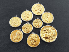 Greek Coin Pendant Gold Frame Bezel, Arethusa Dolphin Coin, Medallion Charm, Ancient Greek Coin, Shiny Gold Coin, Silver Plated Bezel, No:3