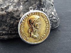 Greek Coin Pendant Gold Frame Bezel, Agrippina Coin, Medallion Charm, Ancient Greek Coin, Shiny Gold Coin, Silver Plated Bezel, No:5