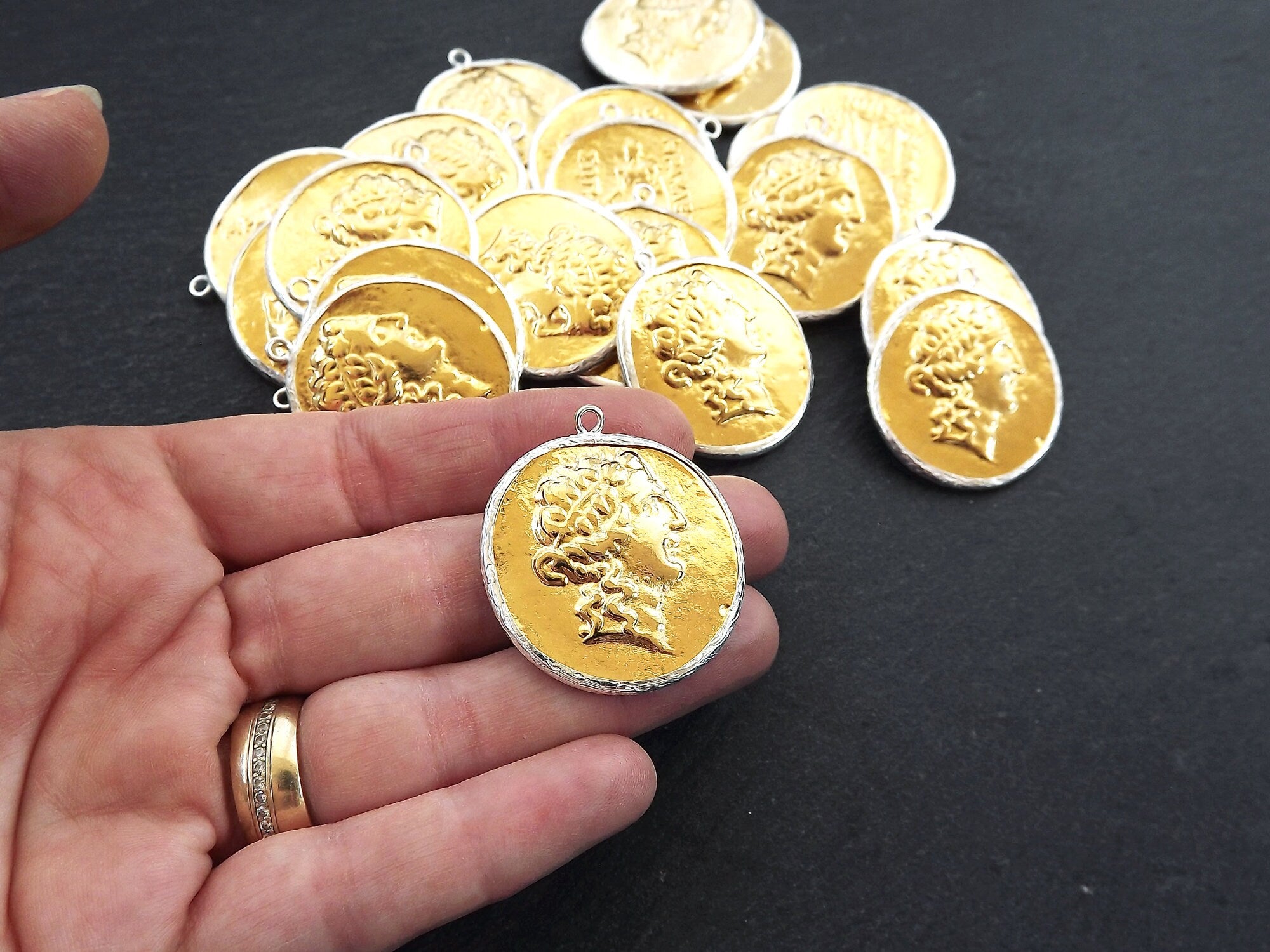 Greek Coin Pendant Gold Frame Bezel, Dionysos Coin, Medallion Charm, A ...