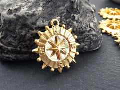 Compass Pendant, Gold Compass Charm, North Star, Nautical Charm, Nautical Pendant, Disc Pendant, Coin Pendant, 22k Matte Gold Plated, 1pc