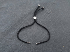 Adjustable Rope Slider Bolo Bracelet Blanks, 2mm Black Rope Cord Bracelets with Sliding Bead, Silver Findings, 1pc