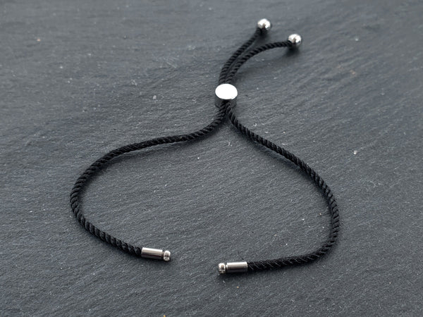 Adjustable Rope Slider Bolo Bracelet Blanks, 2mm Black Rope Cord Bracelets with Sliding Bead, Silver Findings, 1pc