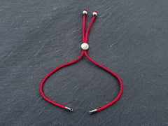 Adjustable Rope Slider Bolo Bracelet Blanks, 2mm Red Rope Cord Bracelets with Sliding Bead, Silver Findings, 1pc