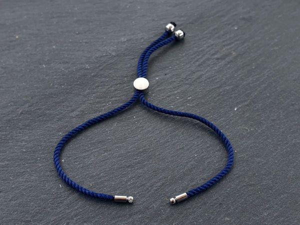 Adjustable Rope Slider Bolo Bracelet Blanks, 2mm Navy Blue Rope Cord Bracelets with Sliding Bead, Silver Findings, 1pc