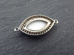 Evil Eye Charm Bracelet Connector, White Elipse Eye Pendant, Protective Talisman, Black Rhinestone Pave, Shiny Silver Plated, 1PC
