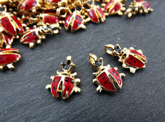3 Ladybug Charms, Red Enamel Ladybird Charm, Insect Jewelry, Lucky Charm, 22k Matte Gold Plated