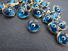 Blue Heart Evil Eye Charm Pendant, Glass Lampwork Evil Eye, Amulet Protective, Lucky, Transparent Blue, 22k Shiny Gold Plated Bezel 1pc
