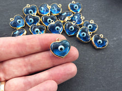 Blue Heart Evil Eye Charm Pendant, Glass Lampwork Evil Eye, Amulet Protective, Lucky, Transparent Blue, 22k Shiny Gold Plated Bezel 1pc