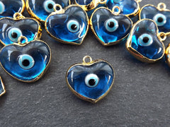 Blue Heart Evil Eye Charm Pendant, Glass Lampwork Evil Eye, Amulet Protective, Lucky, Transparent Blue, 22k Shiny Gold Plated Bezel 1pc