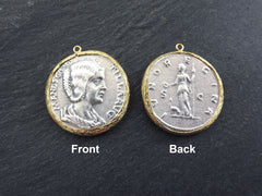 Greek Coin Pendant Gold Frame Bezel, Julia Domna Coin, Medallion Charm, Ancient Greek Coin, Shiny Gold, Antique Silver Plated, No:5