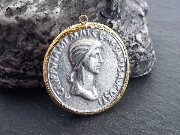 Greek Coin Pendant Gold Frame Bezel, Agrippina Coin, Medallion Charm, Ancient Greek Coin, Shiny Gold, Antique Silver Plated, No:6