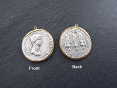 Greek Coin Pendant Gold Frame Bezel, Agrippina Coin, Medallion Charm, Ancient Greek Coin, Shiny Gold, Antique Silver Plated, No:6