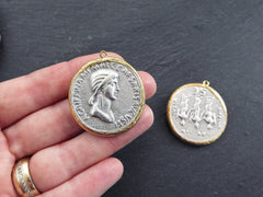 Greek Coin Pendant Gold Frame Bezel, Agrippina Coin, Medallion Charm, Ancient Greek Coin, Shiny Gold, Antique Silver Plated, No:6