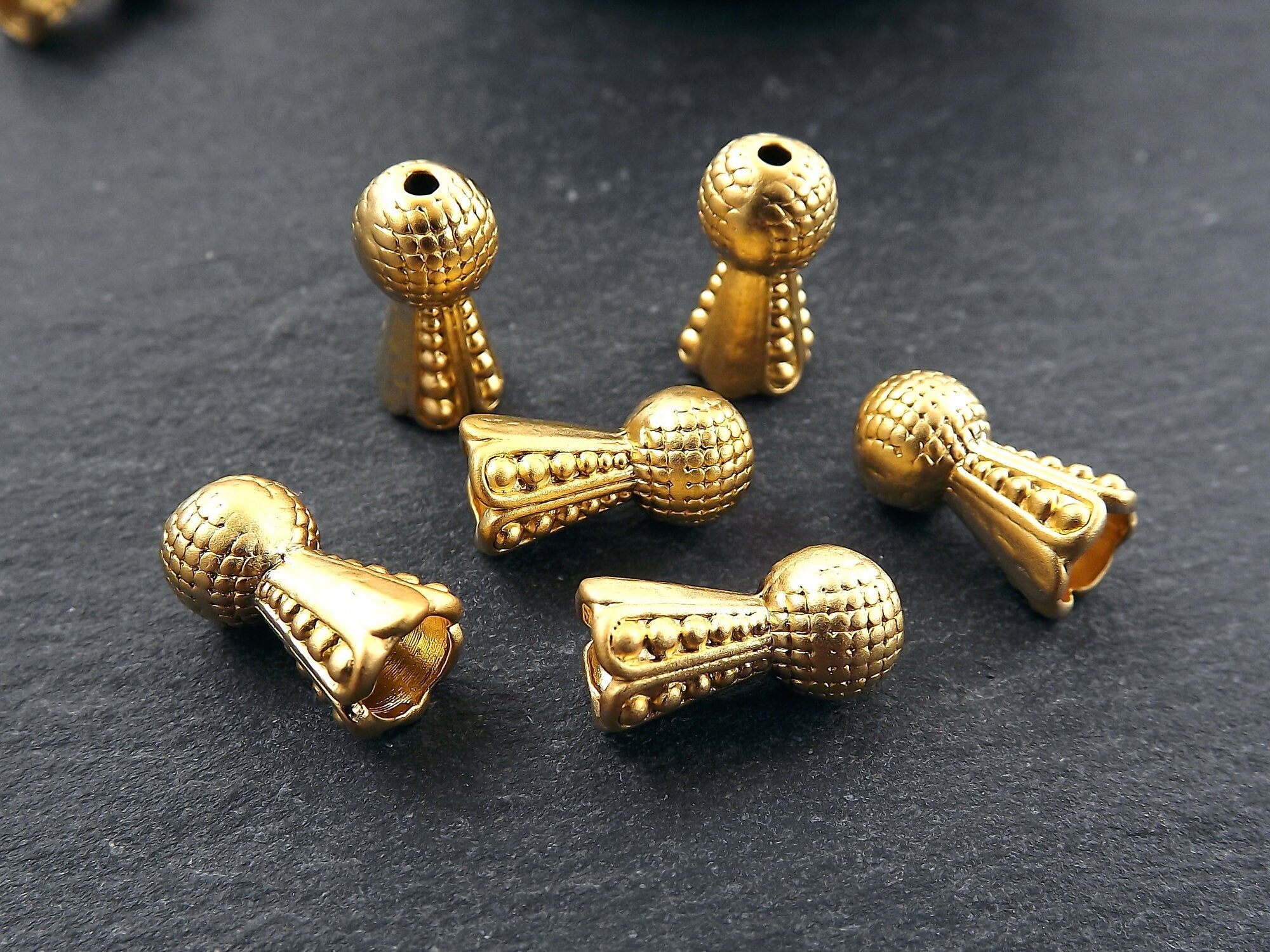 6 Dotted Ball Bead Caps, Bead End Tassels Caps, Ending Finding Component, Gold Bead Cap, 22k Matte Gold Plated Brass, 6pc