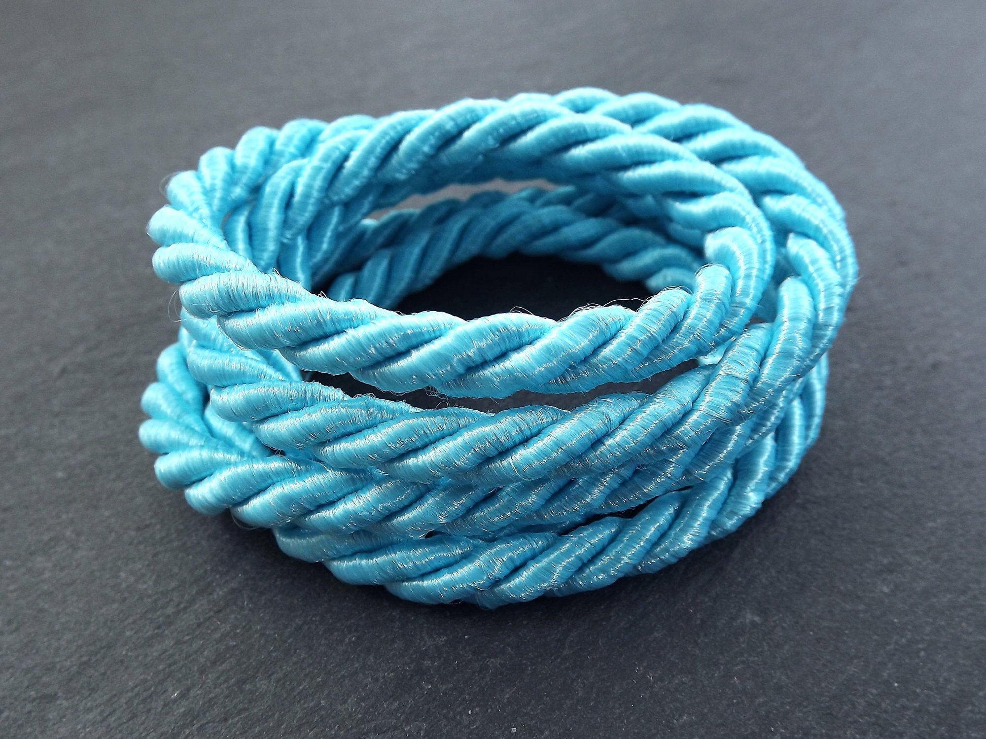 Turquoise 7mm Twisted Rayon Satin Rope Silk Braid Cord - 3 Ply Twist - 1 meters - 1.09 Yards