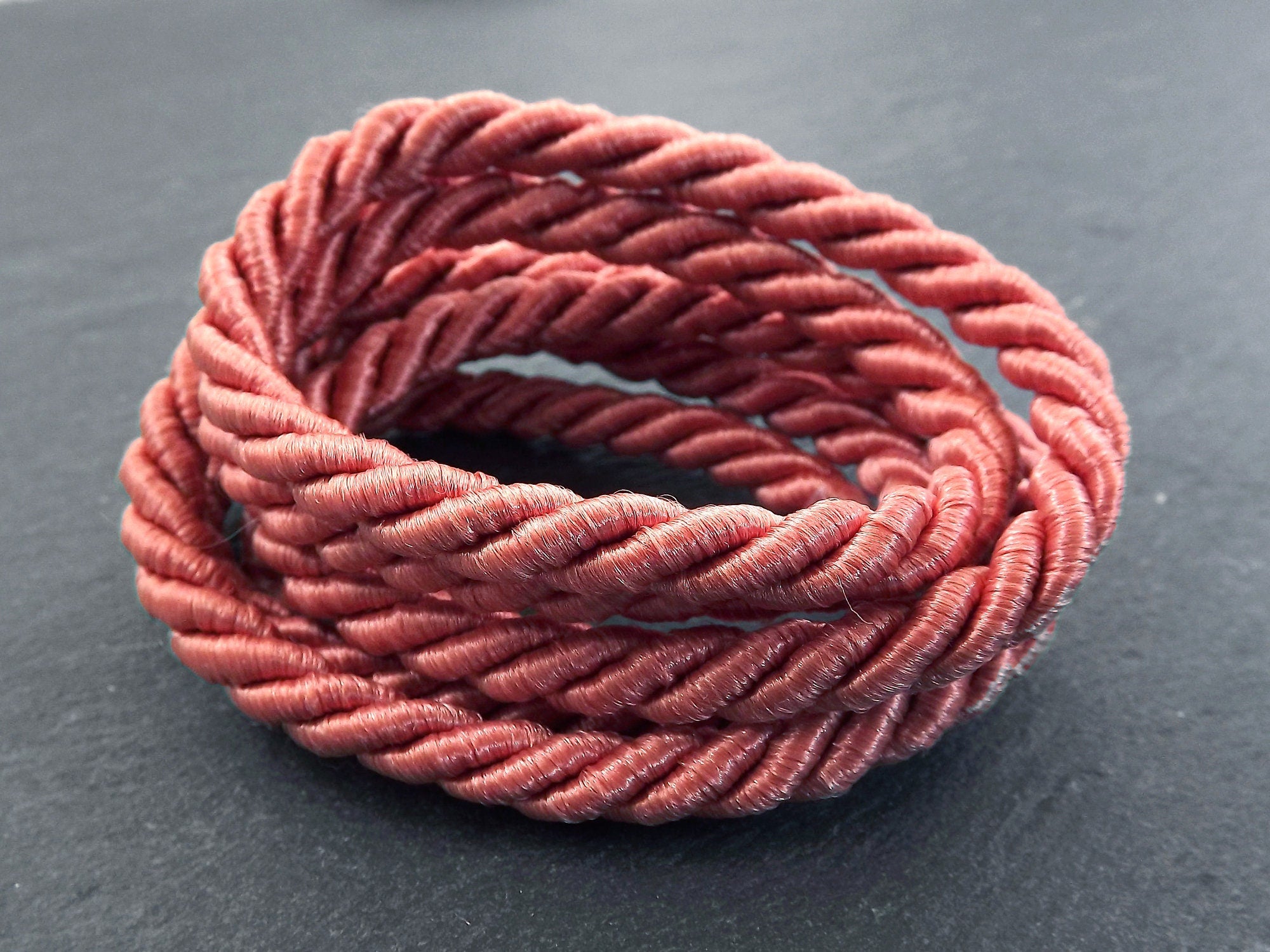 Coral 7mm Twisted Rayon Satin Rope Silk Braid Cord - 3 Ply Twist - 1 meters - 1.09 Yards