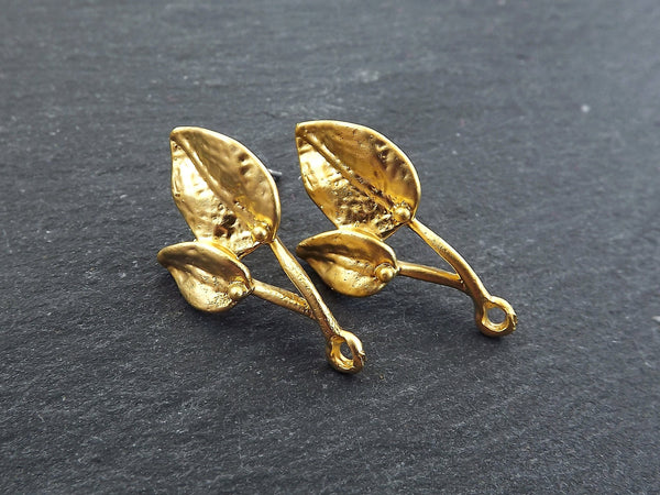 Leaf Earring Posts, Vine Leaves Stud Earrings, Ear Post Earrings Component, 22k Matte Gold, 1 Pair, with Butterfly Backs