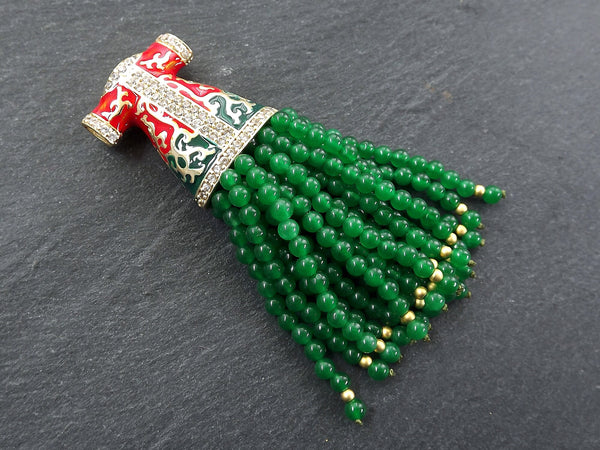 Green Tassel Pendant, Jade Stone Beaded Tassel, Gemstone Fringe, Enamel Pendant, Crystal Accents Antique Bronze, 1pc