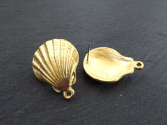 Shell Earring Posts, Large Scallop Stud Earrings, Clam Seashell, Ear Post Earrings Component, 22k Matte Gold, 1 Pair, with Butterfly Backs