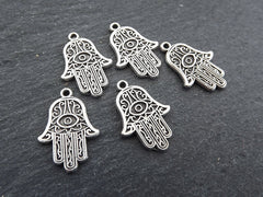 Small Hamsa Pendant Charm, Evil Eye Hand of Fatima Good Luck Protective Charm, Matte Antique Silver Plated Brass, 5pc