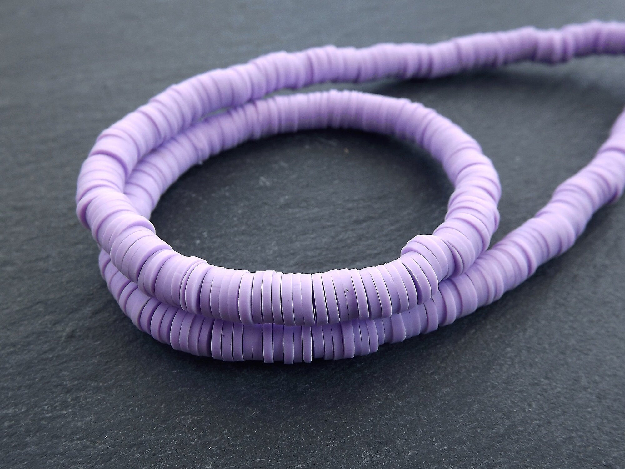 6mm Purple Heishi Beads, Polymer Clay Disc Beads, African Disc Beads, Round Vinyl Beads, 16 inch Strand, Lilac Purple