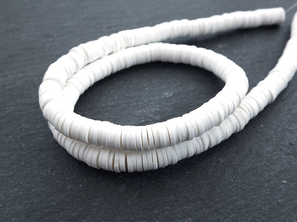 6mm White Heishi Beads, Polymer Clay Disc Beads, African Disc Beads, Round Vinyl Beads, 16 inch Strand