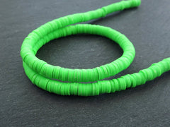 6mm Green Heishi Beads, Polymer Clay Disc Beads, African Disc Beads, Round Vinyl Beads, 16 inch Strand, Neon Green