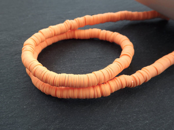 6mm Orange Heishi Beads, Polymer Clay Disc Beads, African Disc Beads, Round Vinyl Beads, 16 inch Strand, Light Neon Orange