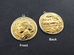 Greek Coin Pendant Gold Frame Bezel, Arethusa Dolphin Coin, Medallion Charm, Ancient Greek Coin, Shiny Gold Coin, Silver Plated Bezel, No:3