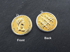 Greek Coin Pendant Gold Frame Bezel, Agrippina Coin, Medallion Charm, Ancient Greek Coin, Shiny Gold Coin, Silver Plated Bezel, No:5