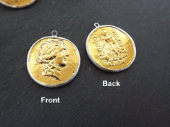 Greek Coin Pendant Gold Frame Bezel, Dionysos Coin, Medallion Charm, Ancient Greek Coin, Shiny Gold Coin, Silver Plated Bezel, No:8