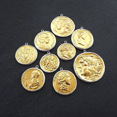 Greek Coin Pendant Gold Frame Bezel, Dionysos Coin, Medallion Charm, Ancient Greek Coin, Shiny Gold Coin, Silver Plated Bezel, No:8