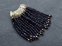 Potent Purple Jade Gemstone Beaded Fringe Tassel Pendant, 22k Matte Gold Plated Filigree Bail Cap, 1pc