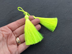 Neon Yellow Silk Tassel Braided Loop, Thick Tassels, Jewelry Tassel, Keychain Tassel, Mala Tassel, Garland Tassel 3 inches, 77mm, 2pc