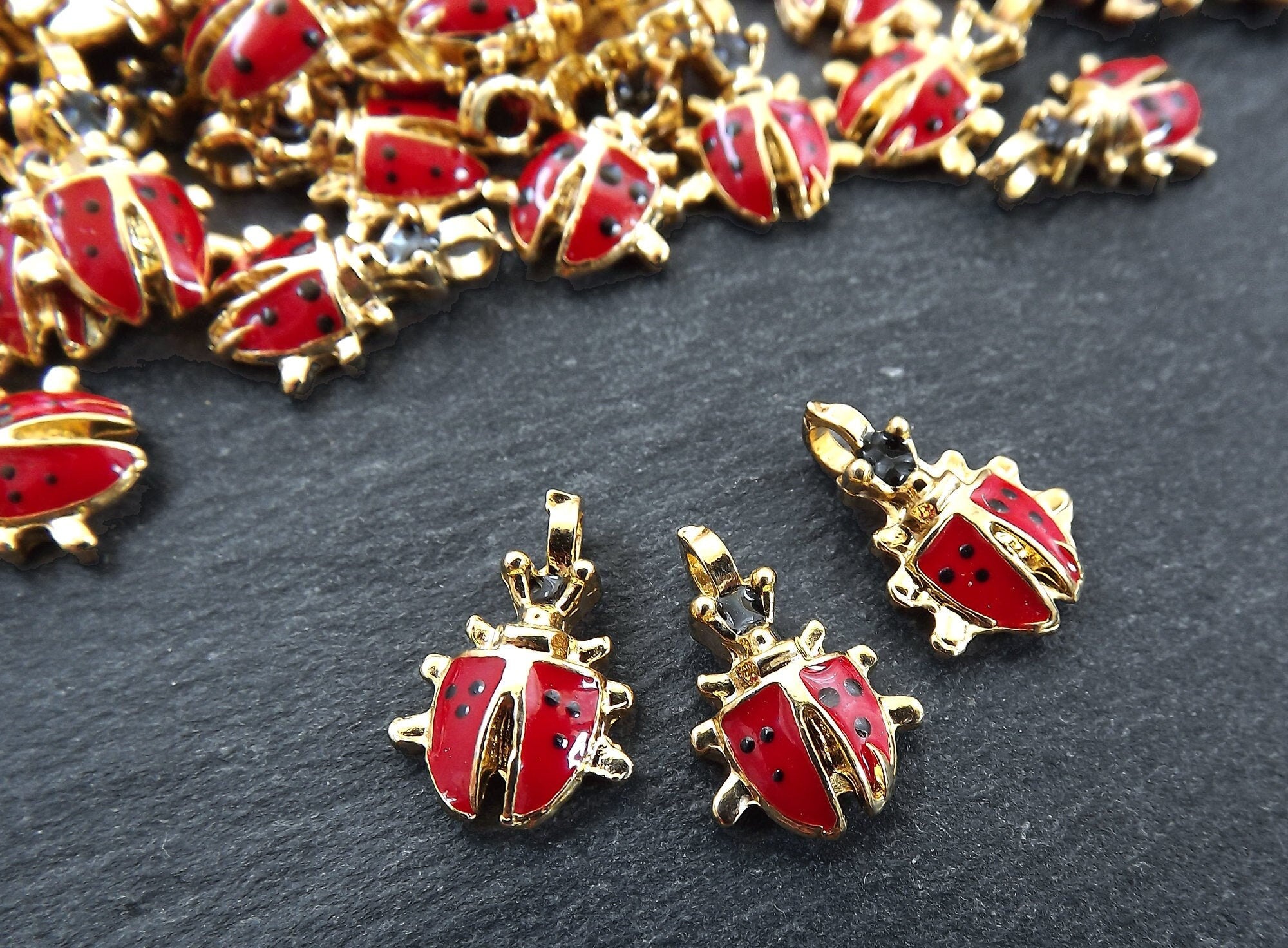 3 Ladybug Charms, Red Enamel Ladybird Charm, Insect Jewelry, Lucky Charm, 22k Matte Gold Plated