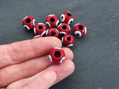 10 Red Glass Evil Eye Beads, Chunky Rondelle Artisan Handmade Lucky Protective Nazar Beads, 10x12mm