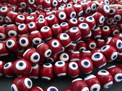 10 Red Glass Evil Eye Beads, Chunky Rondelle Artisan Handmade Lucky Protective Nazar Beads, 10x12mm