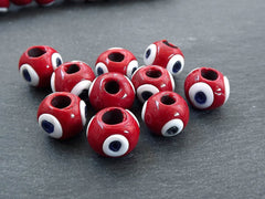 10 Red Glass Evil Eye Beads, Chunky Rondelle Artisan Handmade Lucky Protective Nazar Beads, 10x12mm