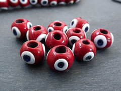 10 Red Glass Evil Eye Beads, Chunky Rondelle Artisan Handmade Lucky Protective Nazar Beads, 10x12mm