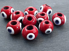 10 Red Glass Evil Eye Beads, Chunky Rondelle Artisan Handmade Lucky Protective Nazar Beads, 10x12mm