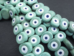 6 Seafoam Green Evil Eye Nazar Glass Bead, Aqua, Traditional Turkish Handmade Protective Lucky Amulet  26 mm - VALUE PACK