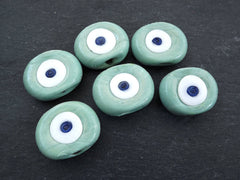 6 Seafoam Green Evil Eye Nazar Glass Bead, Aqua, Traditional Turkish Handmade Protective Lucky Amulet  26 mm - VALUE PACK