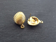 Shell Earring Posts, Small Scallop Stud Earrings, Clam Seashell, Ear Post Earrings Component, 22k Matte Gold, 1 Pair, with Butterfly Backs