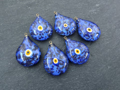 Glass Evil Eye Charm Pendant, Blue Navy Spotted Evil Eye Teardrop, Lampwork, Amulet, Protective, Lucky, Handmade, 1pc
