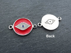 Evil Eye Charm Pendant Connector, Red Enamel Evil Eye CZ Rhinestone Pendant, Good Luck Charm, Silver Plated