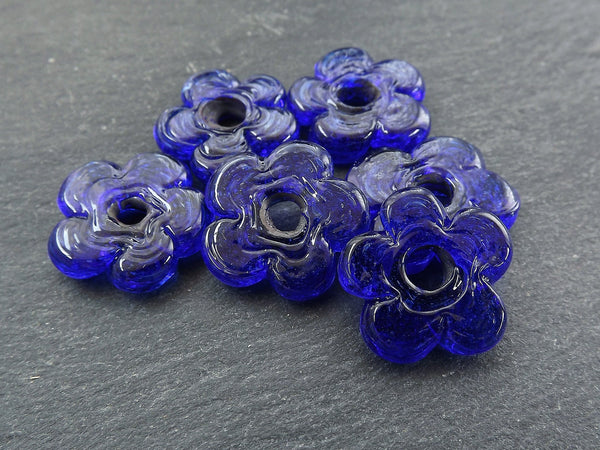 6 Navy Blue Glass Flower Beads, Large Chunky Flower Artisan Handmade Translucent Navy Blue, 20mm