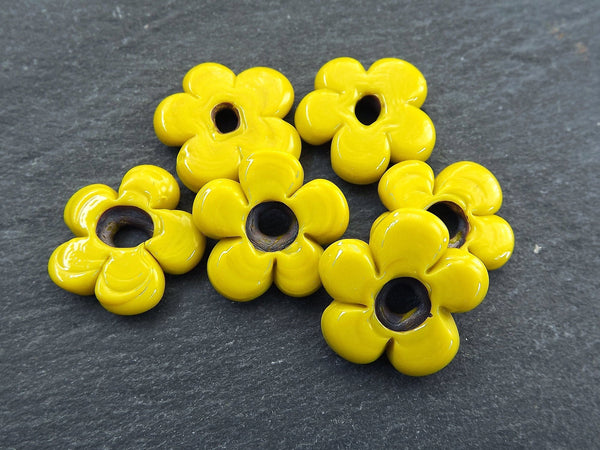 6 Yellow Glass Flower Beads, Large Chunky Flower Artisan Handmade Opaque Yellow, 20mm