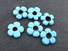 6 Sky Blue Glass Flower Beads, Large Chunky Flower Artisan Handmade Translucent Blue, 20mm