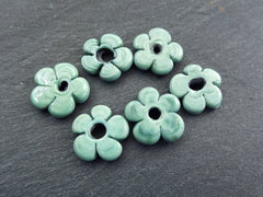 6 Seafoam Green Glass Flower Beads, Large Chunky Flower Artisan Handmade, Aqua Green, 20mm